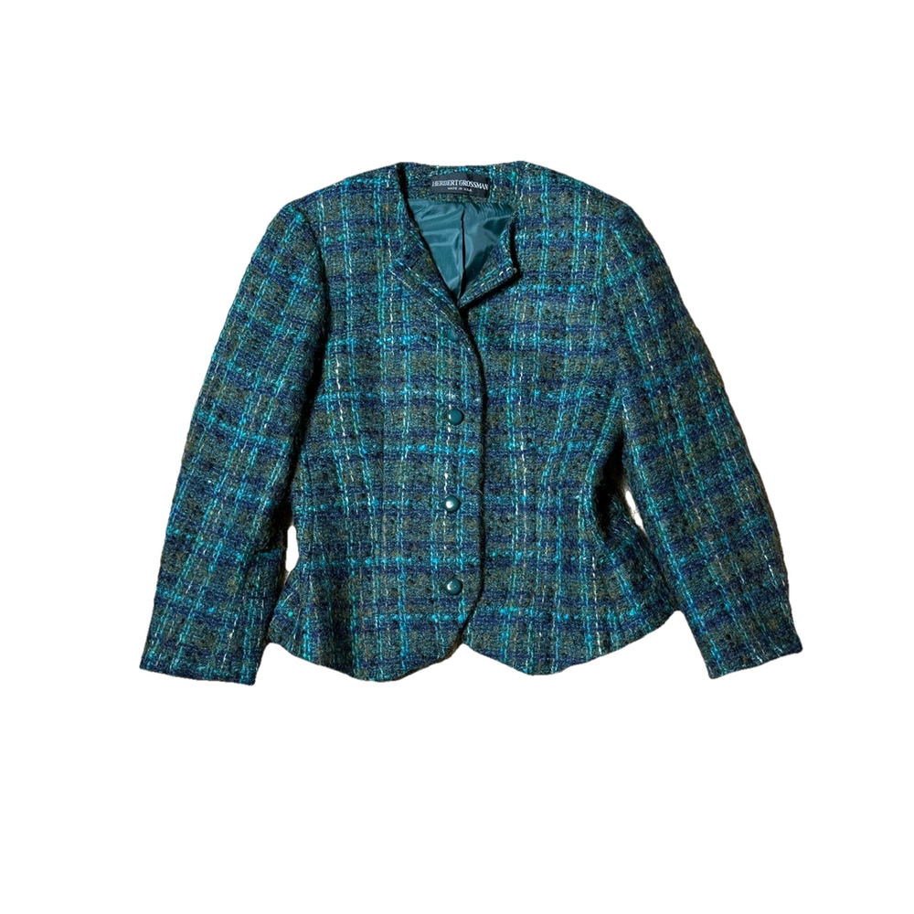 Vintage Herbert Grossman Tweed Suit Jacket Wool Blazer Parisian Chic Blue Green